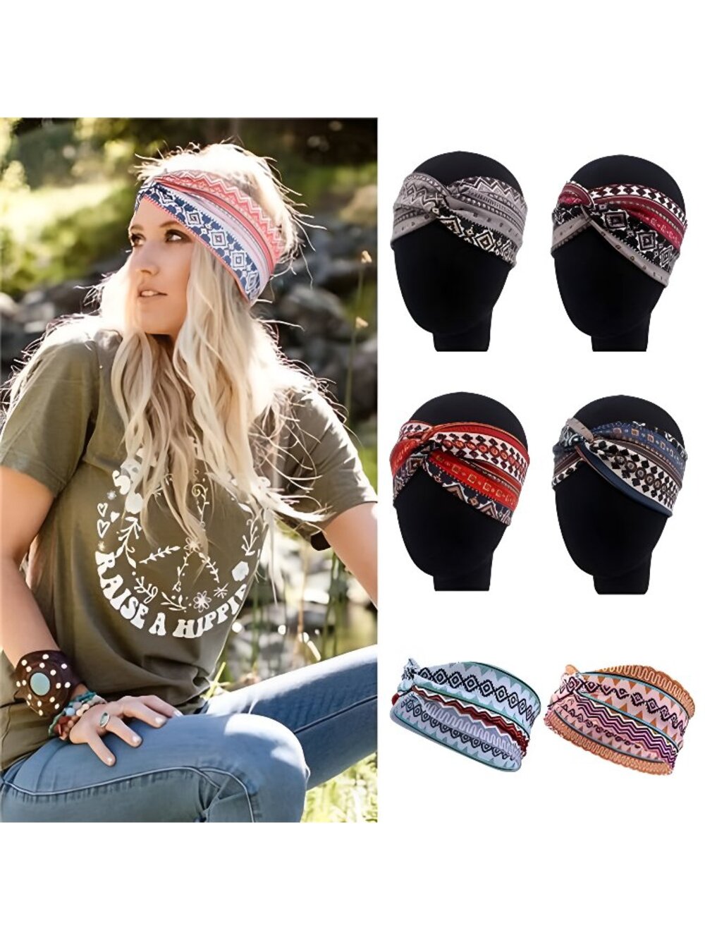 Boho Headbands for Women Vintage Print Wide Headband Stretchy Twisted Hair Bands
